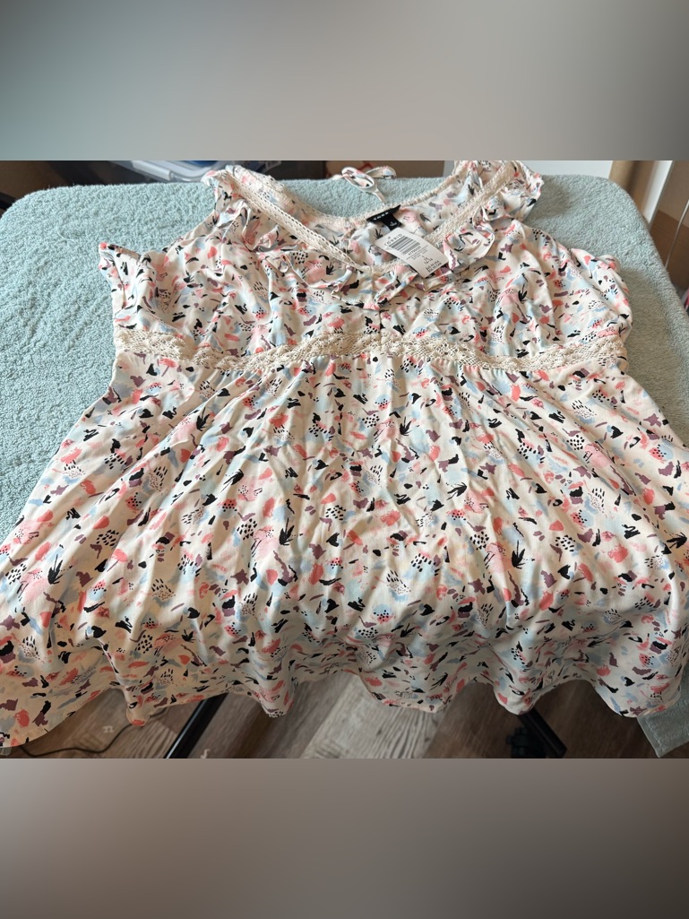 Nwt Torrid Floral Print Ruffle Babydoll Top- Cream With Pink & Black Accents 1x
